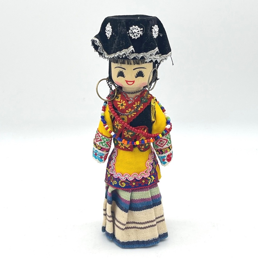 Vintage Chinese Yi Minority Ethnic Doll Hand Painted Wood Traditional Costume